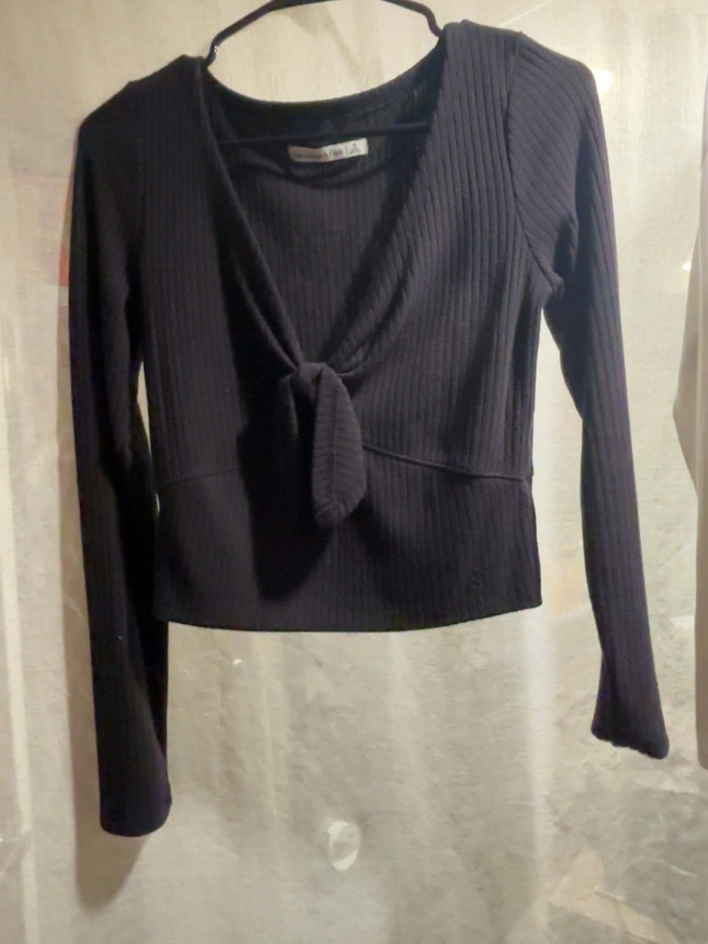 Abercrombie & Fitch Black Ribbed Long-Sleeve Tie-Front Top